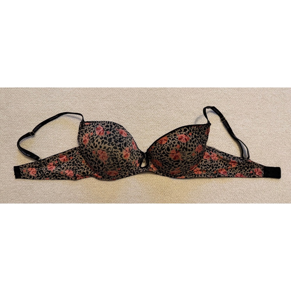 Daisy Fuentes Leopard Floral Underwire Bra 36D Black Pink Animal Print Bra